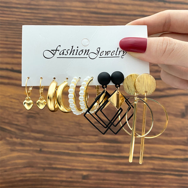 Vintage Gold Color Earrings Set Geometry Pearl Earrings For Women Simple Square Round Fashion Party Jewelry 2022 New