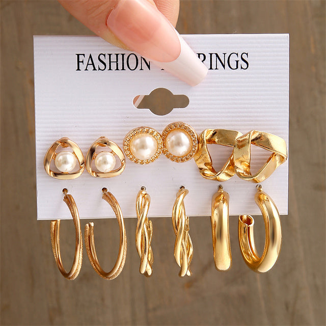 Vintage Gold Color Earrings Set Geometry Pearl Earrings For Women Simple Square Round Fashion Party Jewelry 2022 New